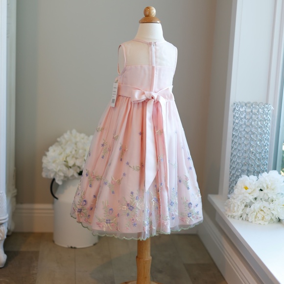 Girls Spring Special Occasion Pink Satin Dress w/ Floral Embroidery tulle size 3 - Picture 3 of 5
